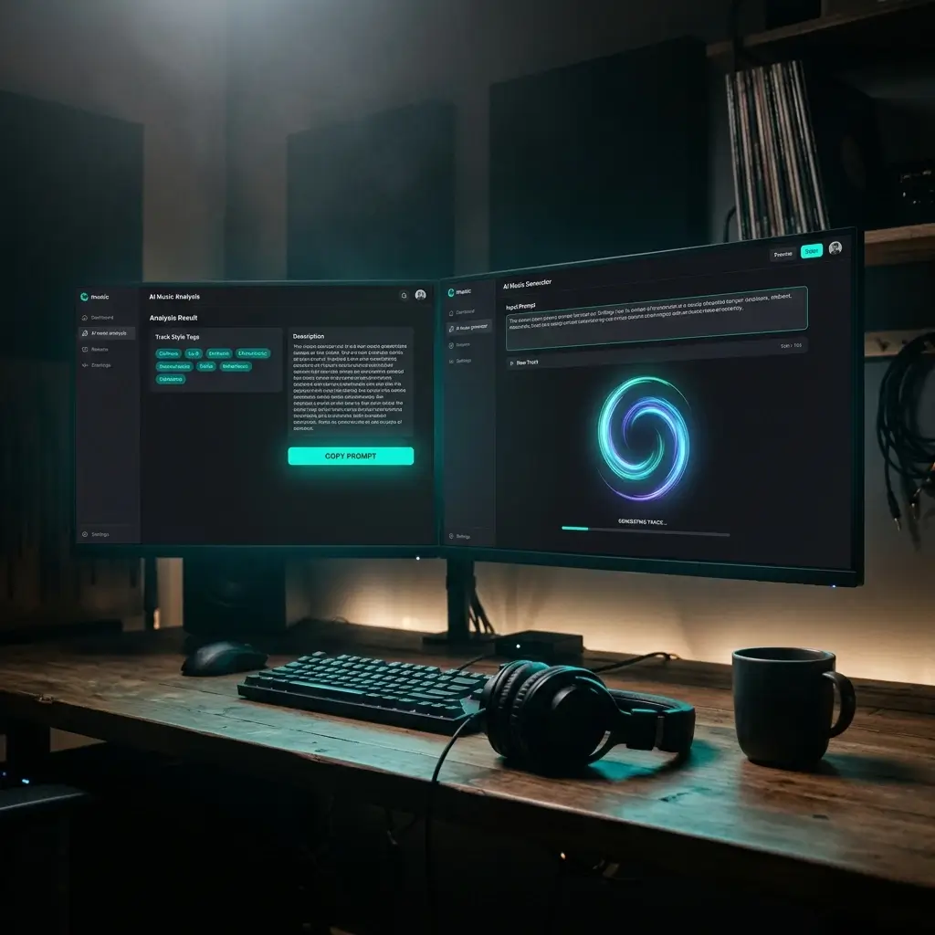 AI generation prompt being copied from analysis results into a music generation tool