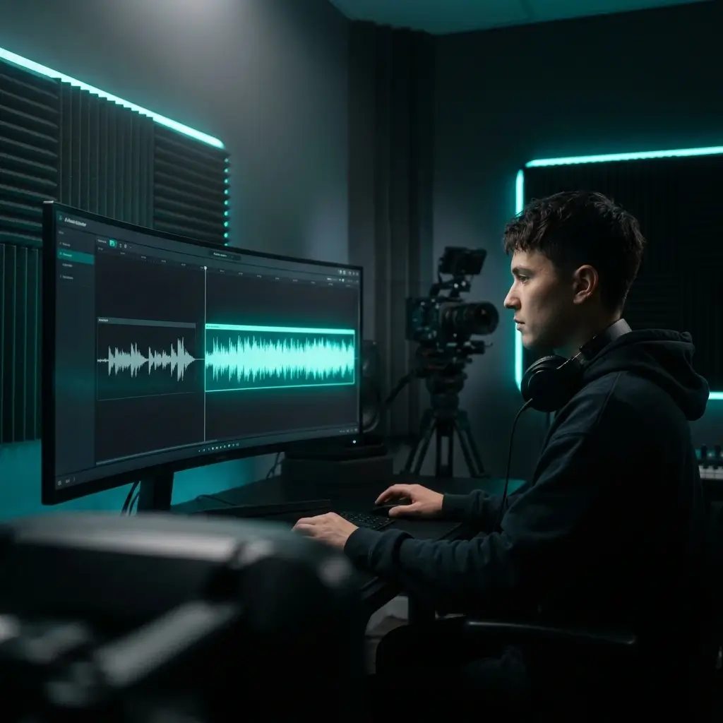 Video editor extending a music track to match video length using AI music extender waveform interface
