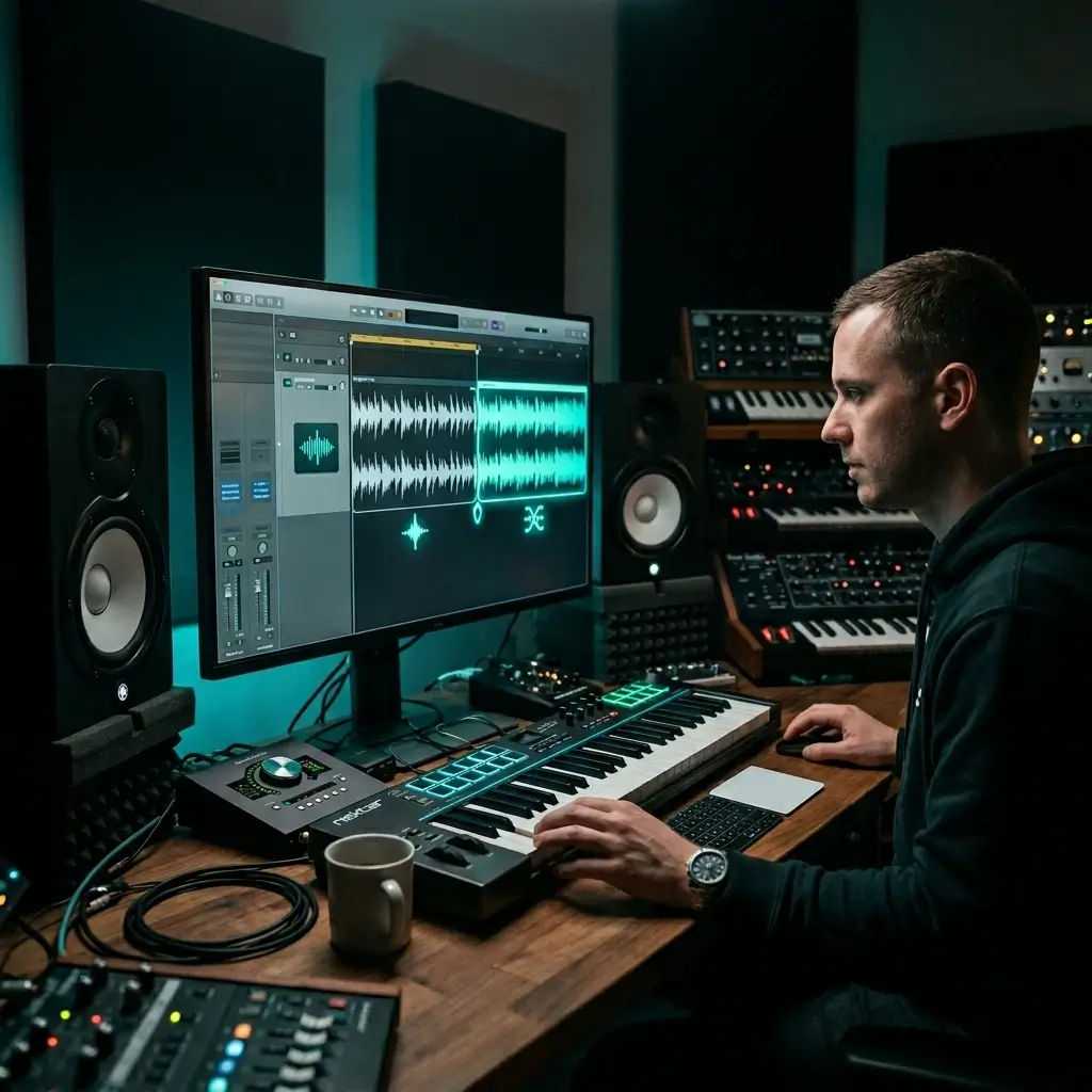 Music producer extending a short loop into a full track using AI music extender
