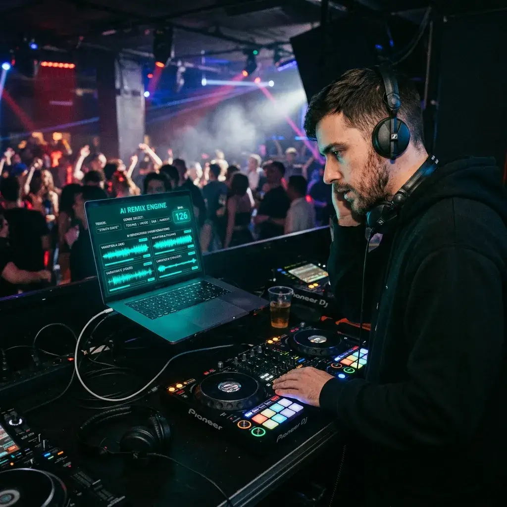 DJ using an AI remixer to change the genre and tempo of a track before a live set