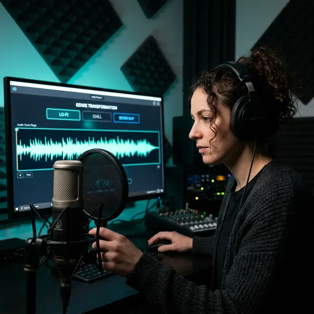 Podcaster previewing an AI-remixed lo-fi intro track on a studio monitor