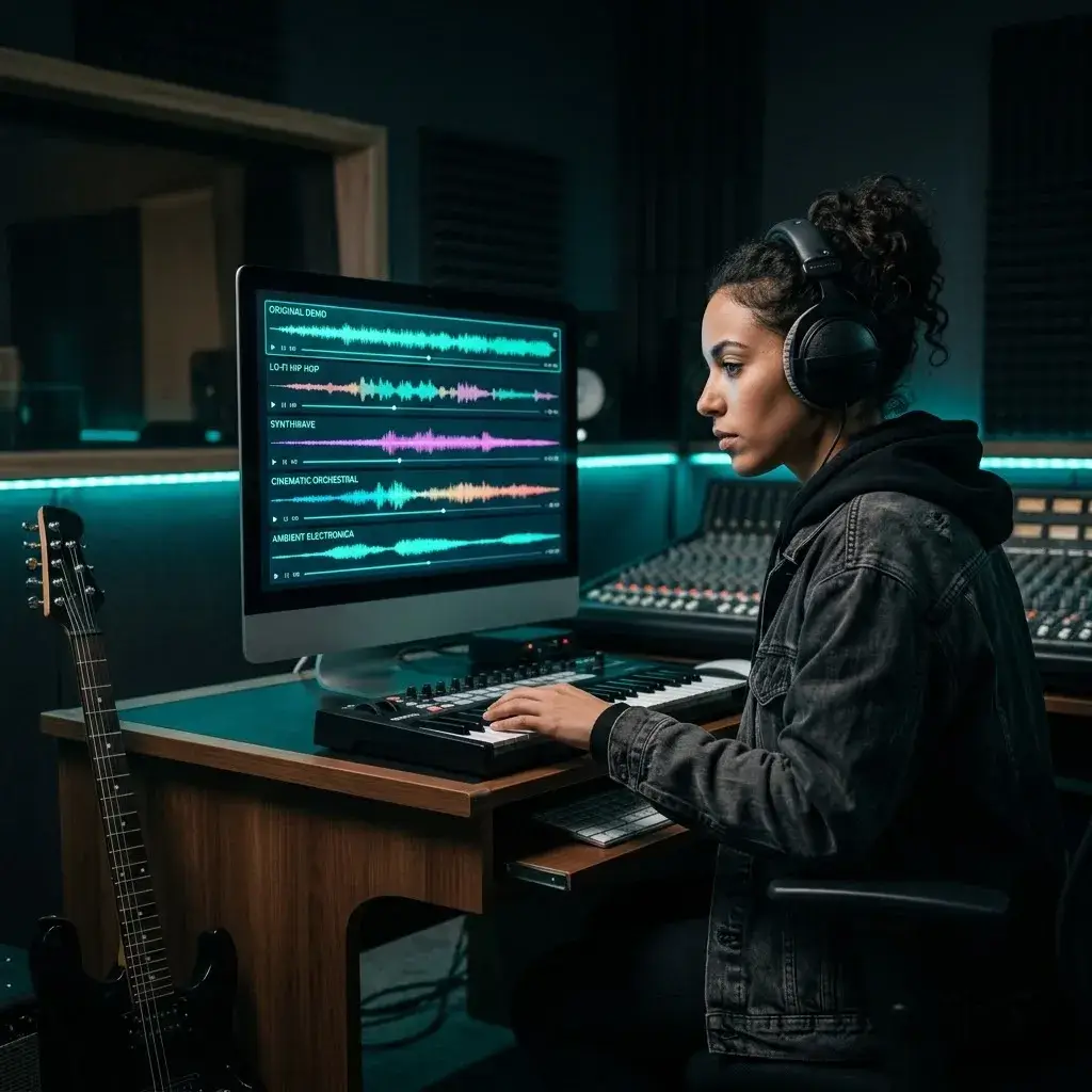 Musician listening to AI-generated genre variations of their original song in a studio