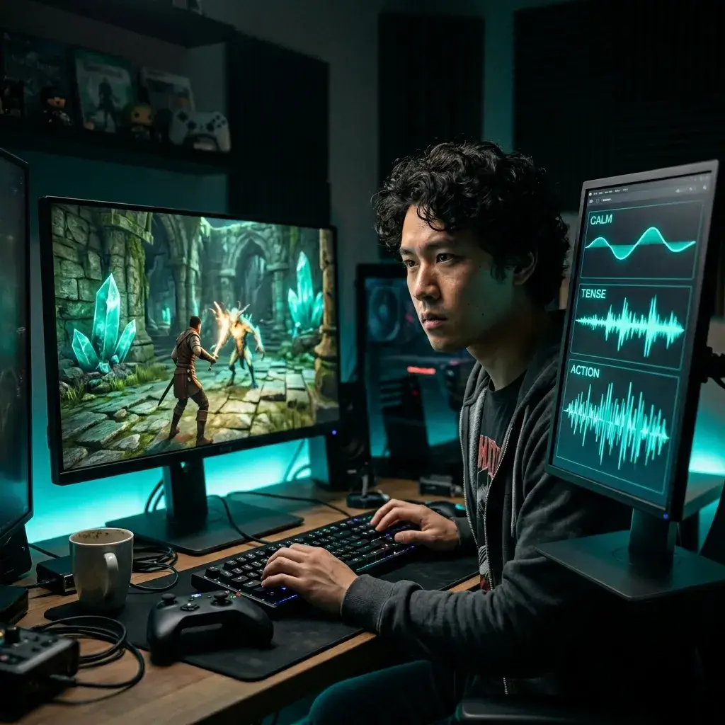 Game developer generating multiple mood variations of a theme track using AI remix