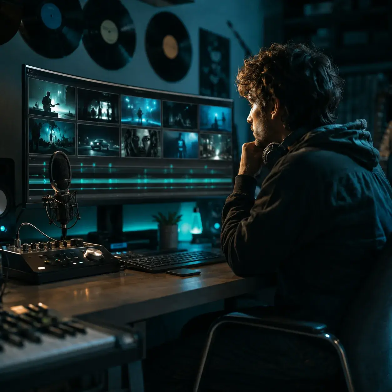 Musiker prüft die Szenen eines KI-Musikvideos auf einem Studiomonitor