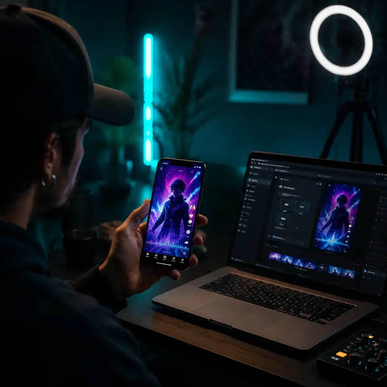 Creator prüft ein vertikales KI-Musikvideo auf dem Smartphone
