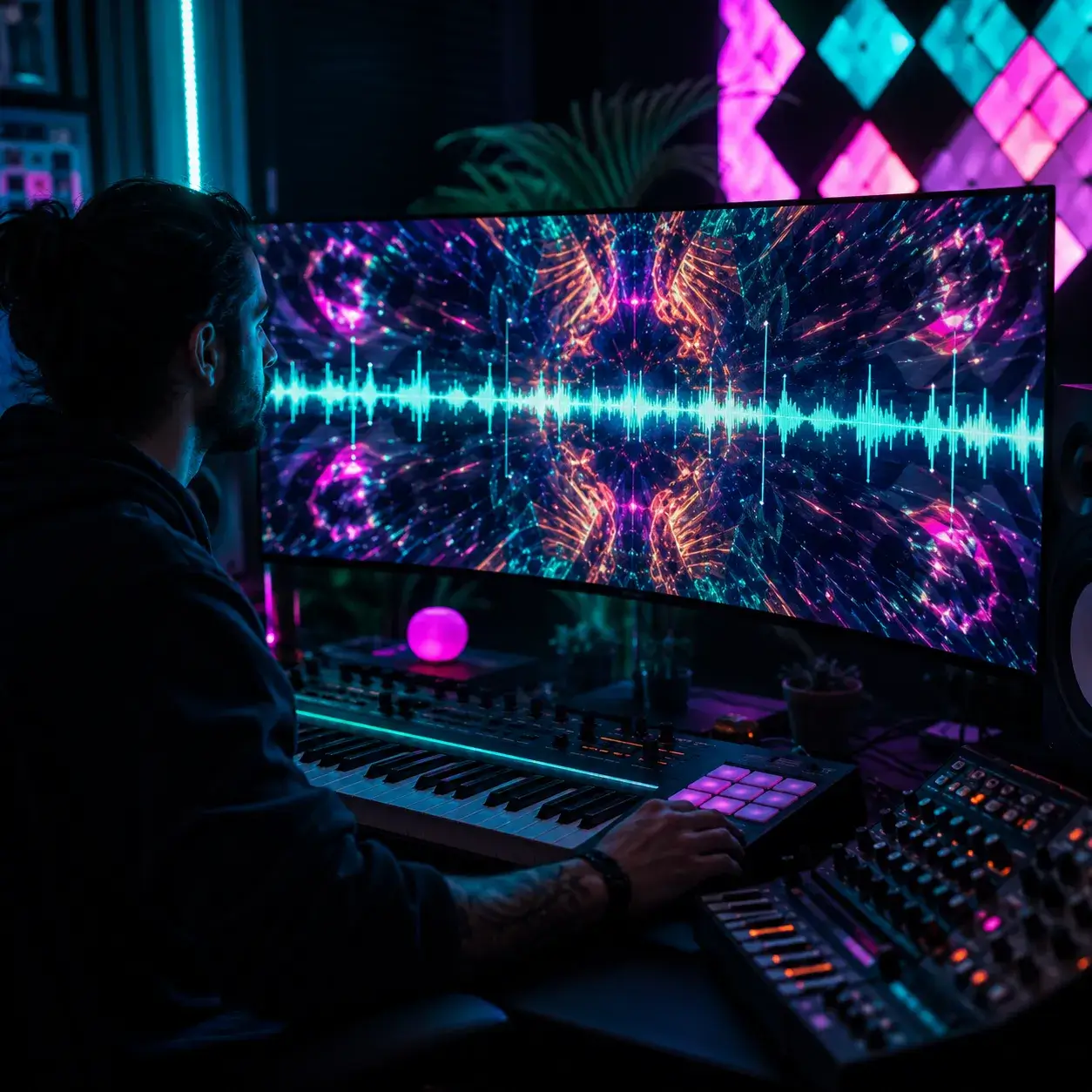 EDM-Produzent prüft psychedelische Visuals passend zu Drop und Aufbau
