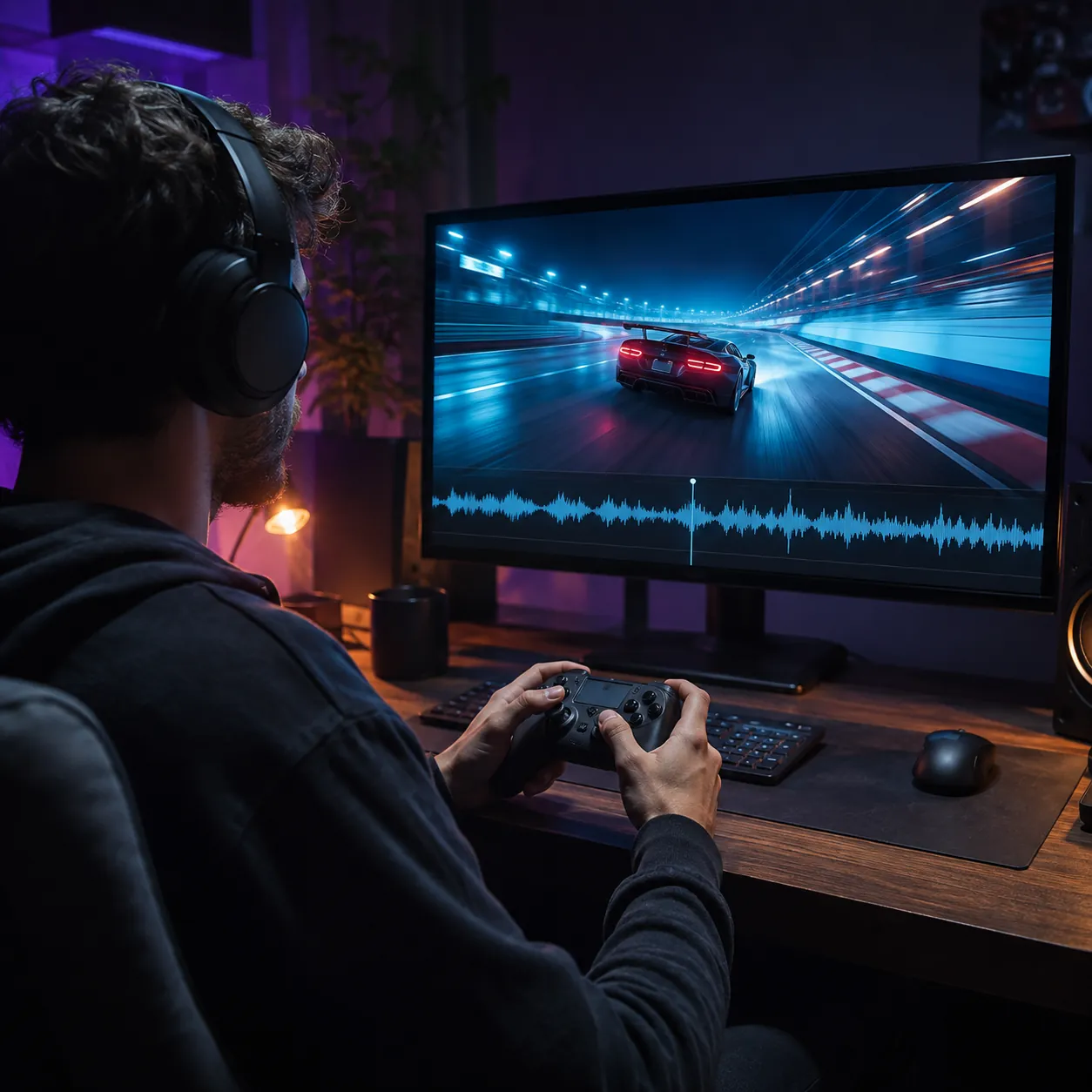 Indie game creator testing phonk under a racing game sequence