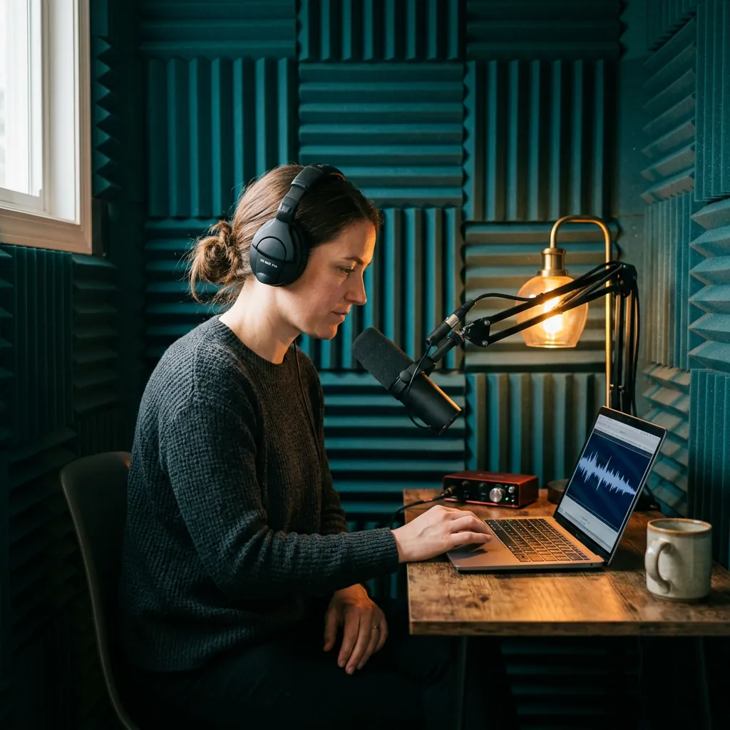 Solo-Podcaster passt in einem akustisch gedämmten Raum einen kurzen Intro-Track am Laptop an
