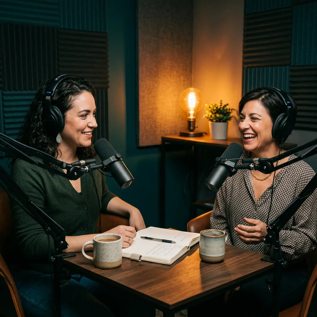 Podcast-Moderator und Gast nehmen ein Interview an einem kleinen Studiotisch auf