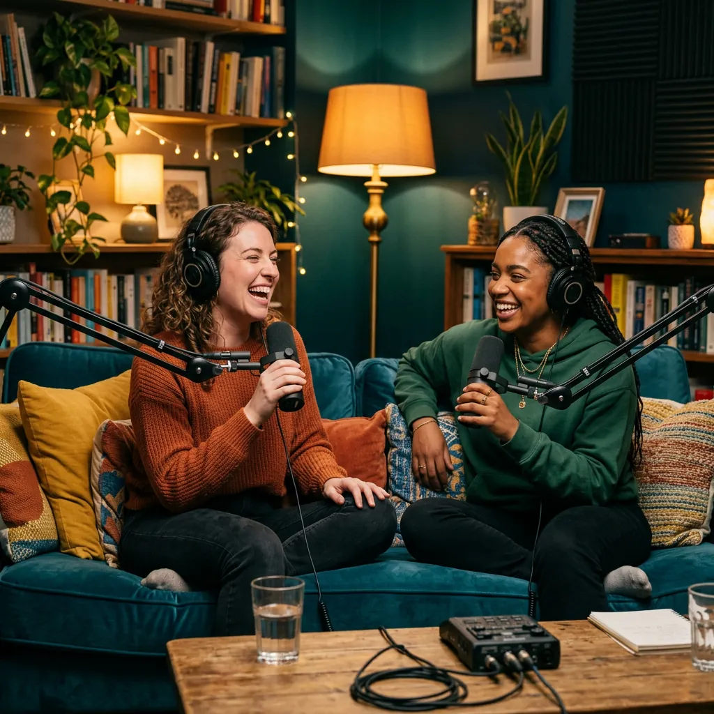 Zwei Freunde lachen beim Aufnehmen eines lockeren Comedy-Podcasts auf dem Sofa