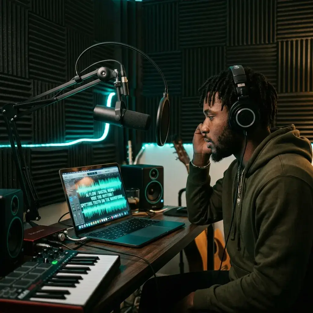 Rapper listening to an AI-generated demo track in a home studio