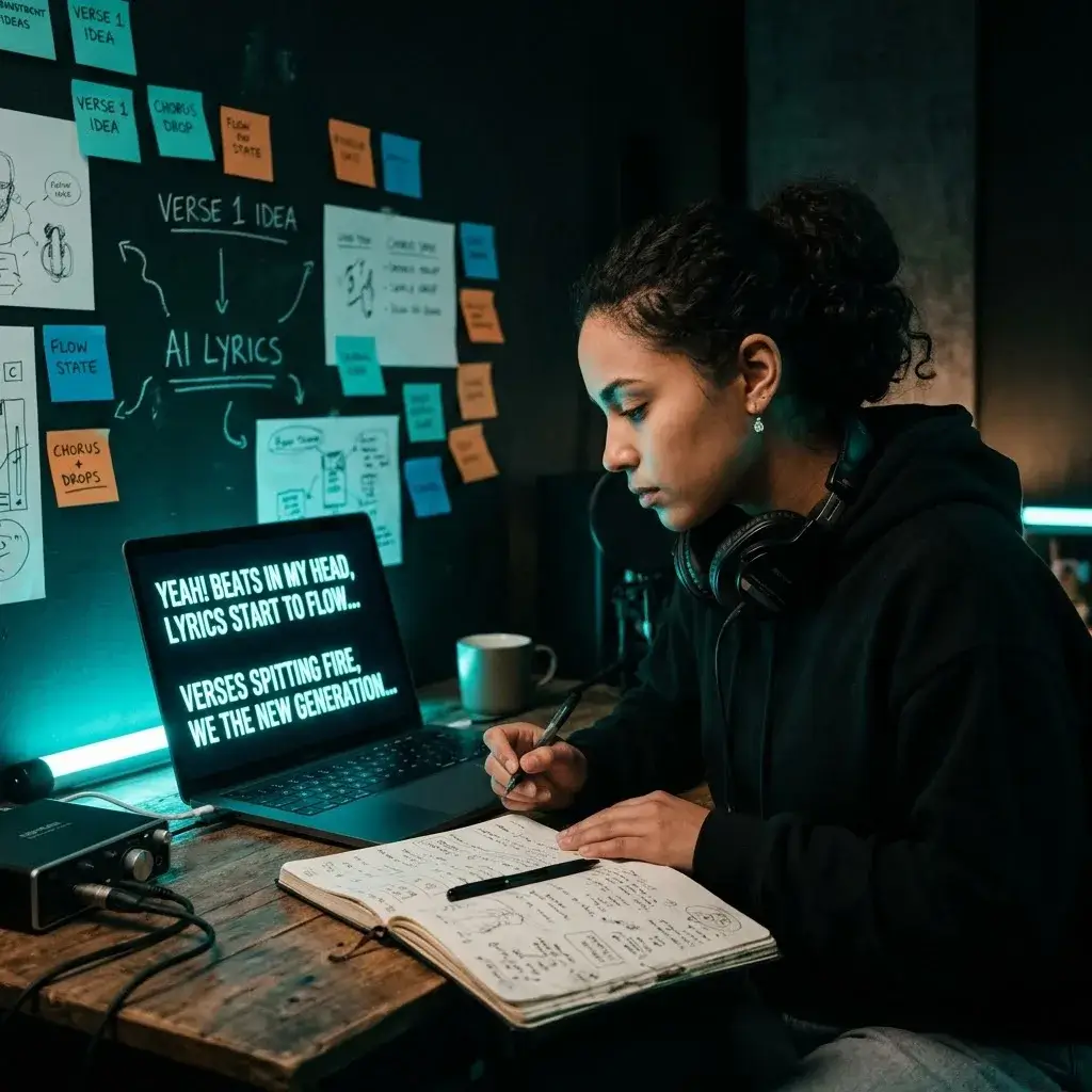 Creator reading AI-generated rap lyrics on a screen while brainstorming