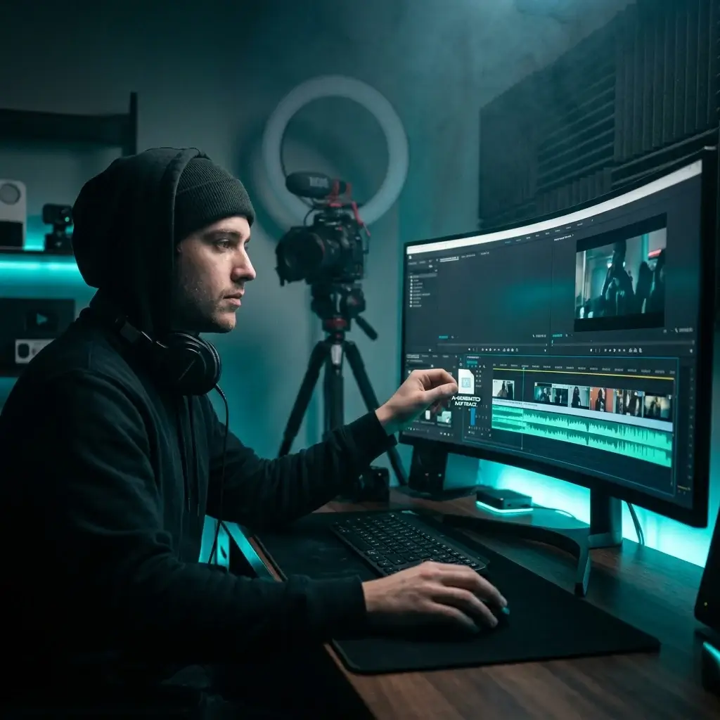 YouTube creator adding an AI rap song to a video timeline