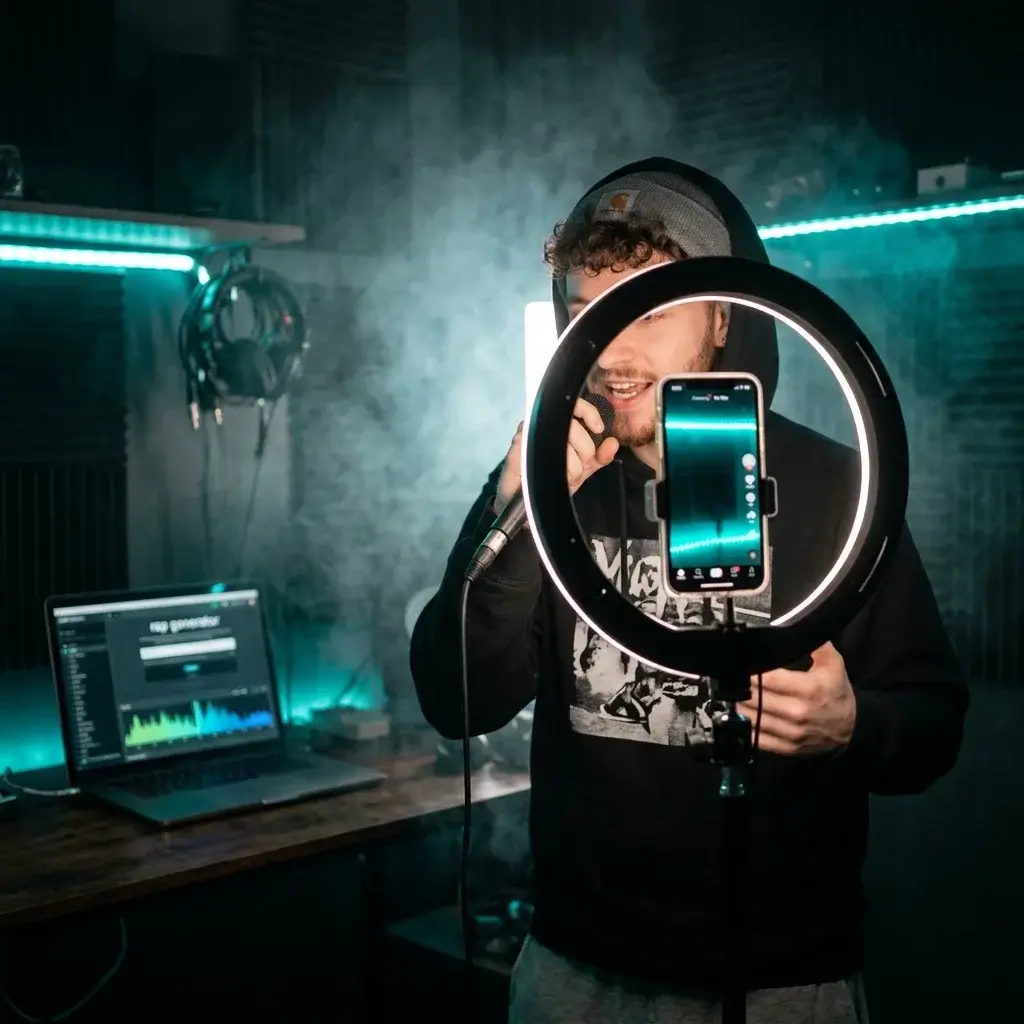 Social media creator filming with a custom AI rap song playing on their phone