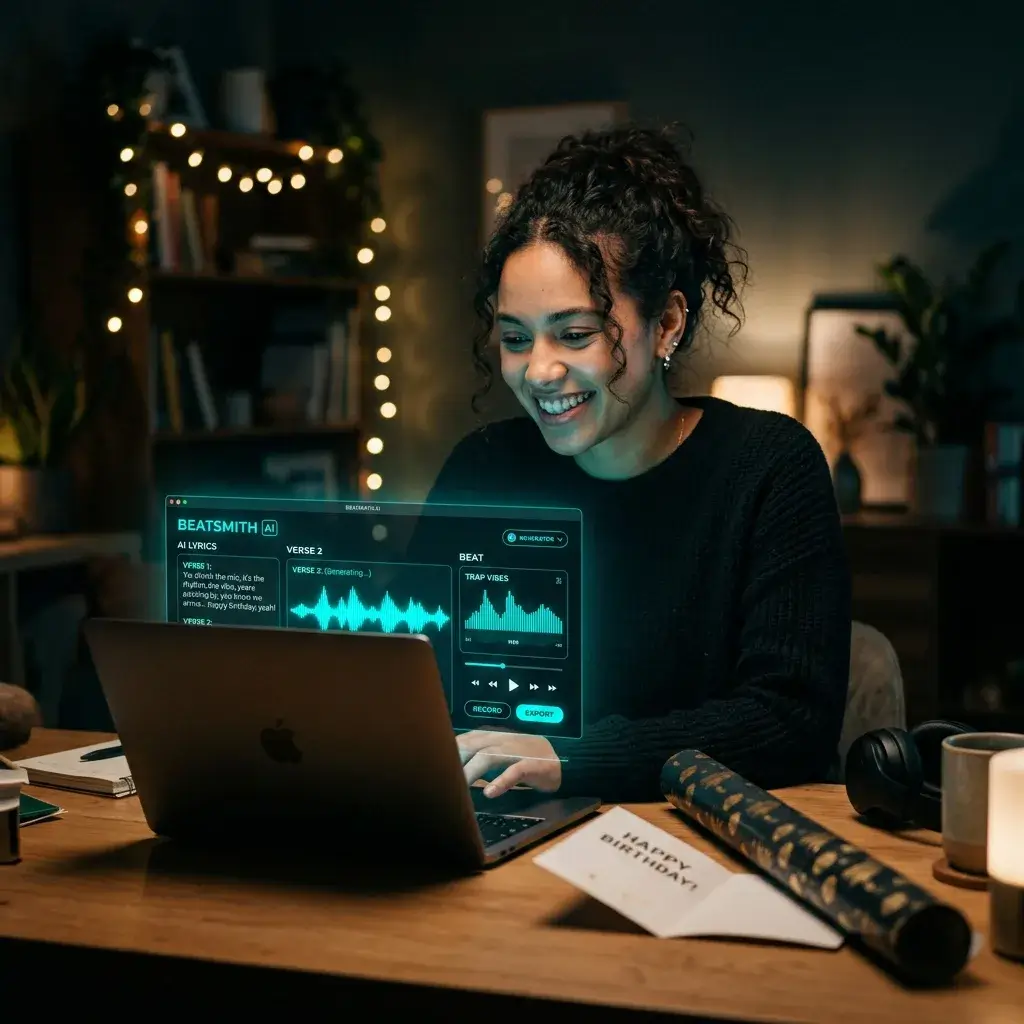 Person creating a personalized AI rap song as a gift on their laptop