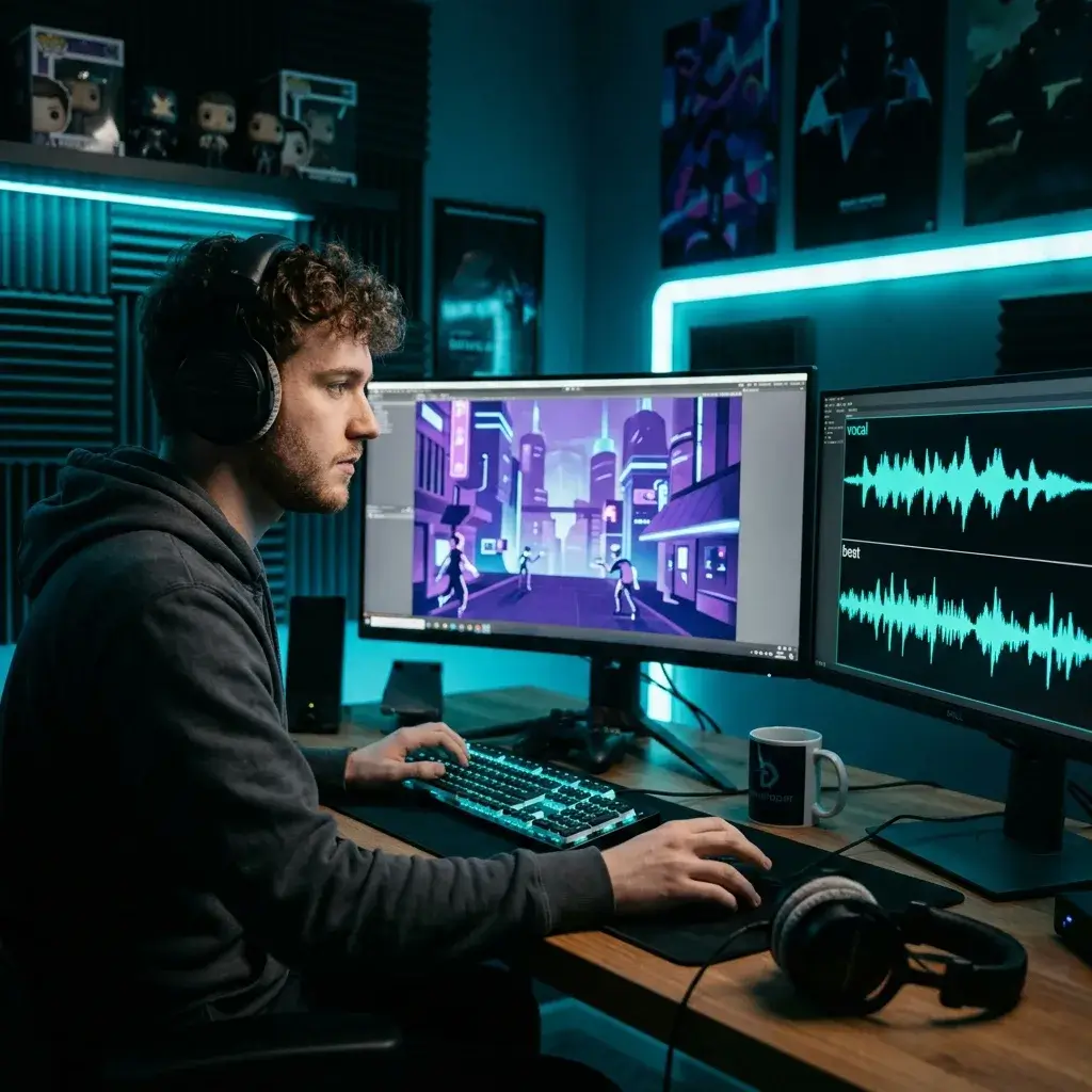 Game developer integrating an AI rap song into a game scene