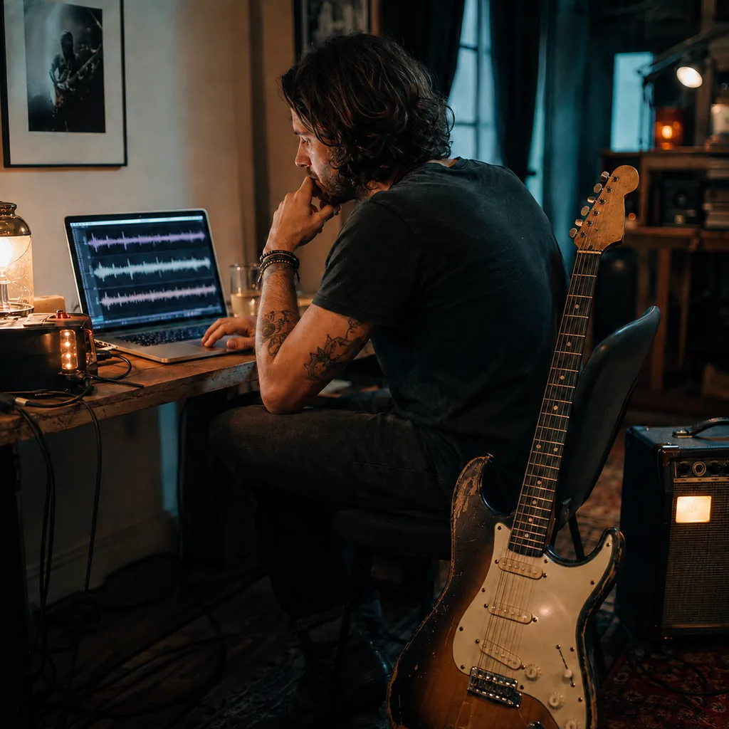 Rock songwriter reviewing an AI band demo beside an electric guitar
