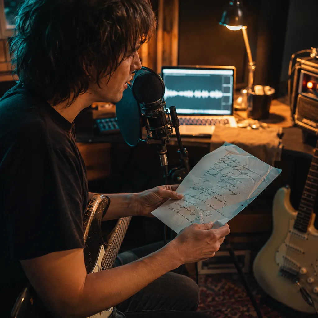 Singer shaping original lyrics into a rock song in a recording room