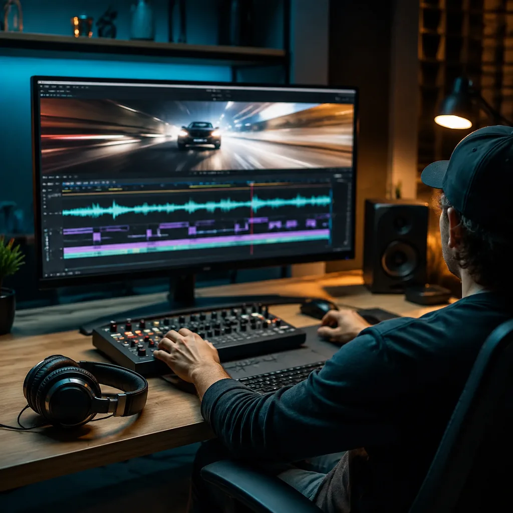 Video editor adding an AI rock instrumental to a fast action sequence