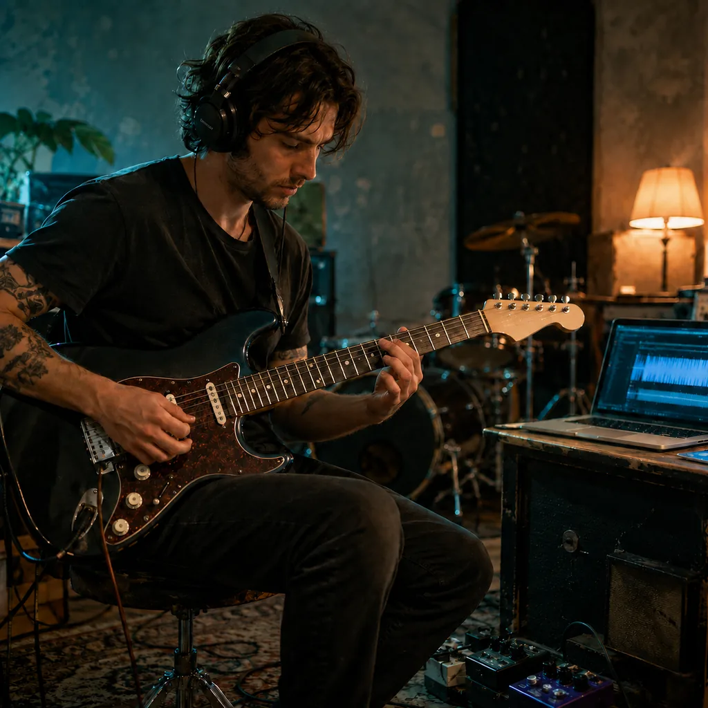 Guitarist practicing lead lines over an AI rock backing track
