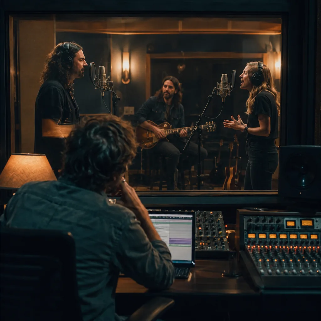 Producer testing a rock vocal and chorus arrangement with two singers