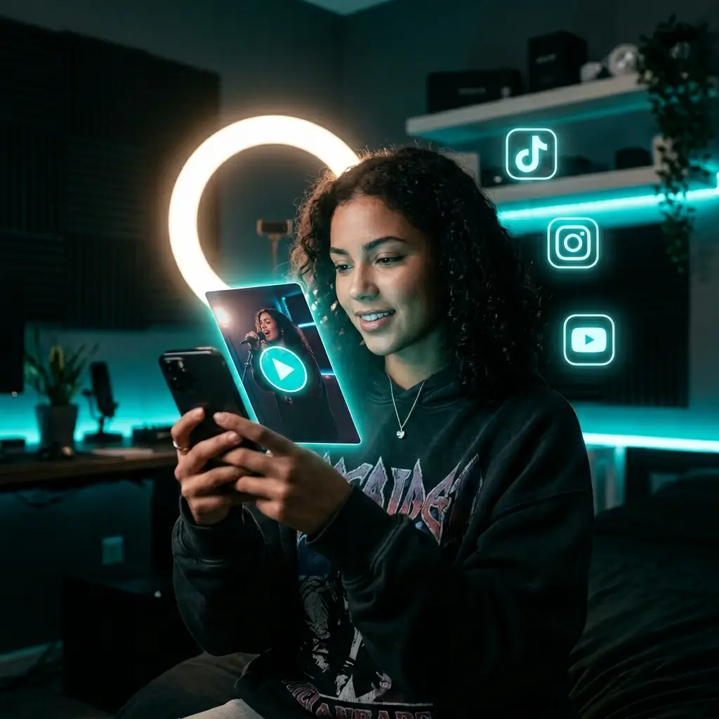 Content creator making viral singing photo for TikTok and Instagram