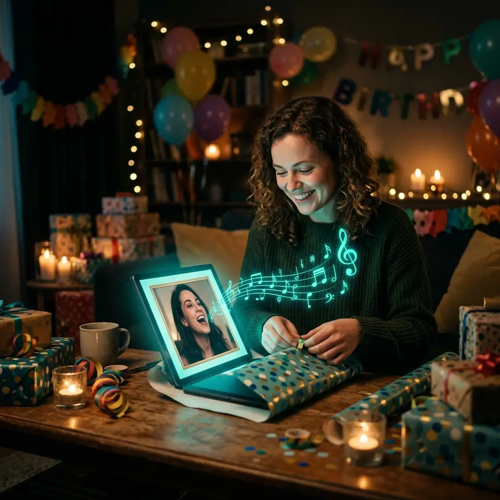 Person creating a singing photo gift for a birthday surprise