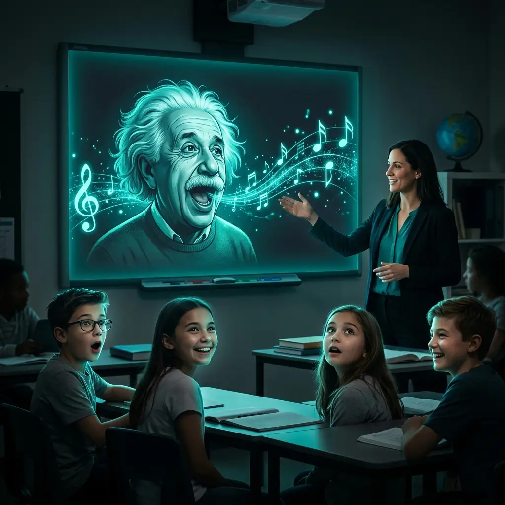Teacher using AI singing photo of historical figure in classroom