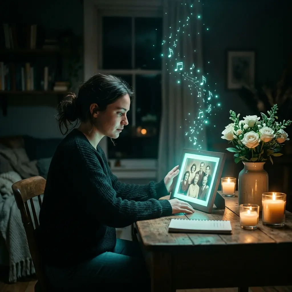 Person creating a memorial singing photo tribute of a loved one