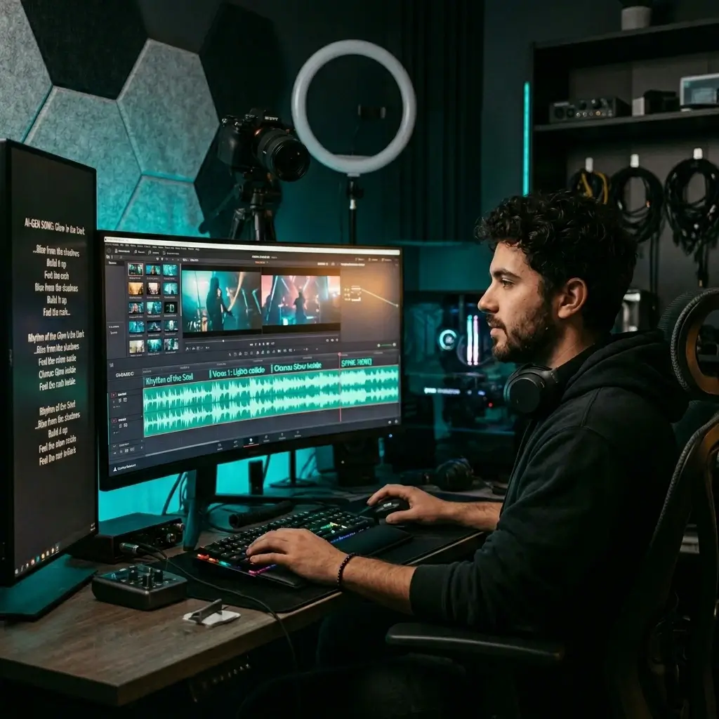 Content creator editing a YouTube video with a custom AI-generated song waveform synced to the timeline