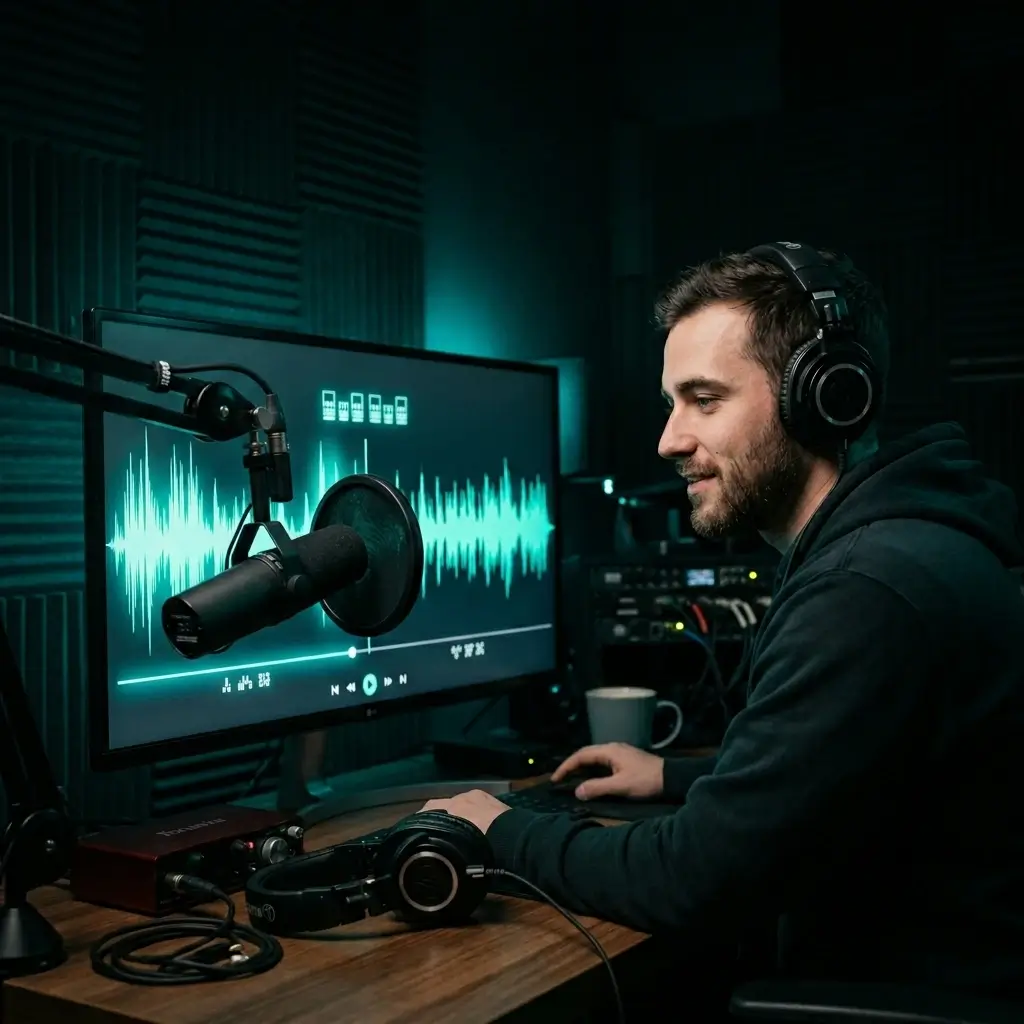 Podcaster previewing a catchy AI-generated intro song with vocals on a studio monitor