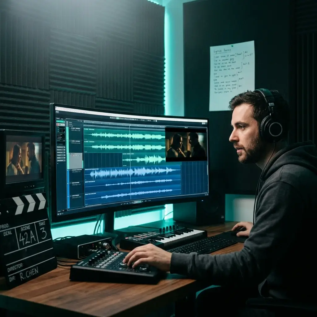 Filmmaker scoring a dramatic scene with an AI-generated cinematic song featuring choir vocals
