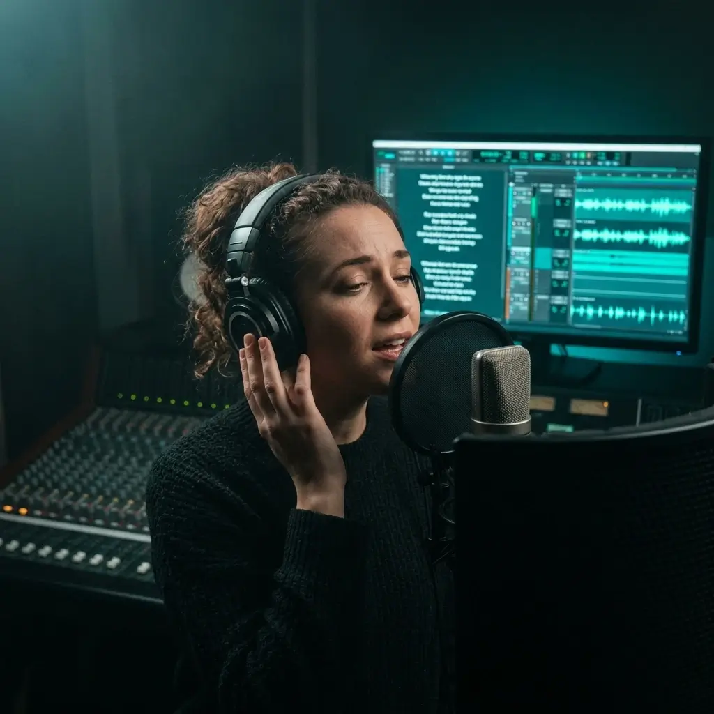 Singer recording vocals over an AI-generated backing track with lyrics displayed on screen