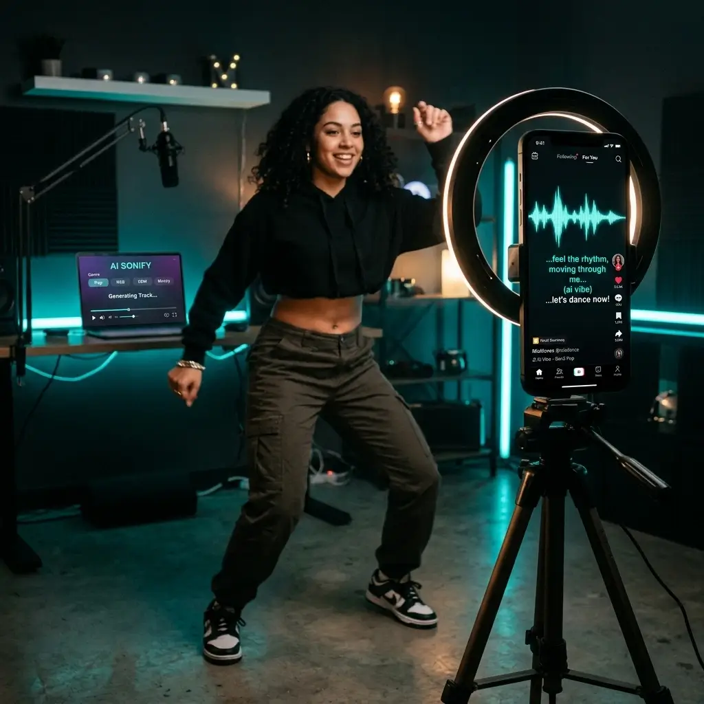 Social media creator filming a TikTok video with a catchy AI-generated song playing on their phone