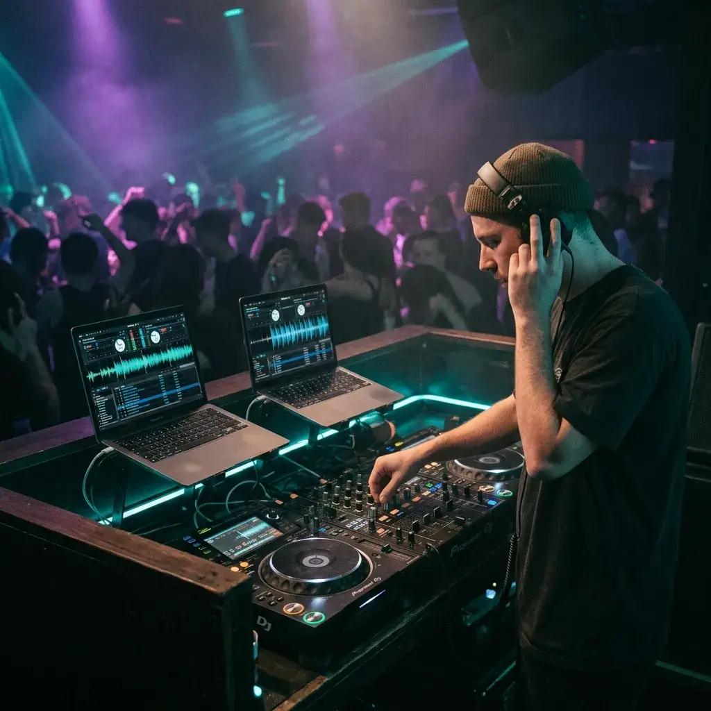 DJ, der während eines Live-Sets isolierte Gesangs- und Drum-Stems auf einem Controller mischt
