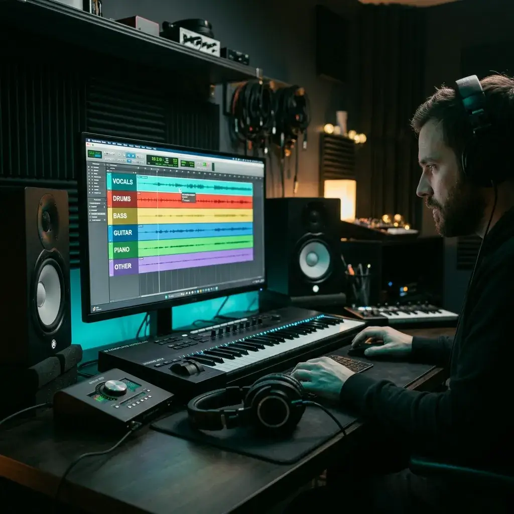 Der Produzent zieht isolierte Stem-Spuren für einen Remix in eine DAW-Timeline