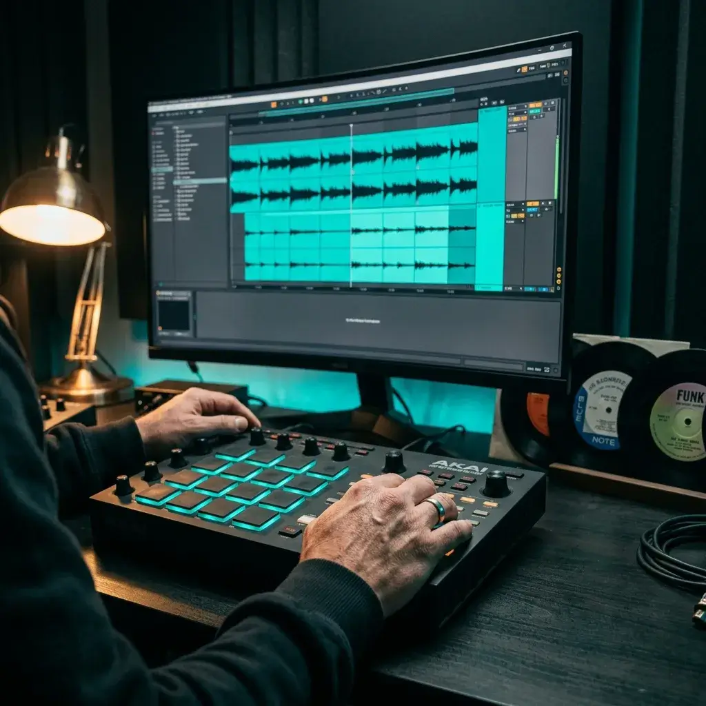 Der Produzent schneidet isolierte Bass- und Gitarrenstiele auf einem MPC-Pad in Sample-Stücke
