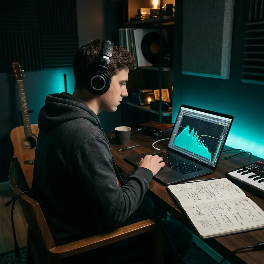 Musikstudent spielt Solo auf einem Kopfhörer, während er ein Frequenzspektrum studiert