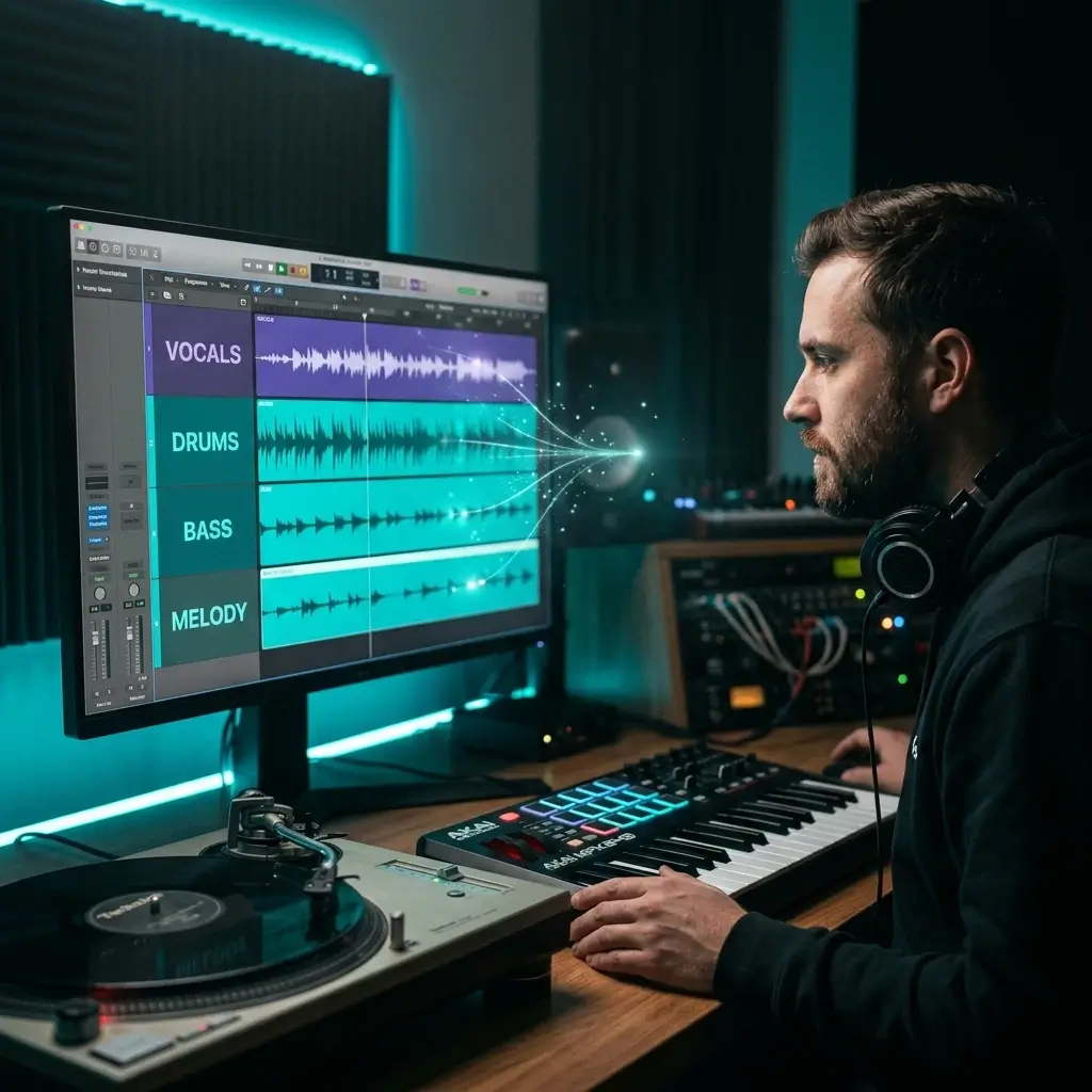 Producer working with separated audio stems on digital audio workstation