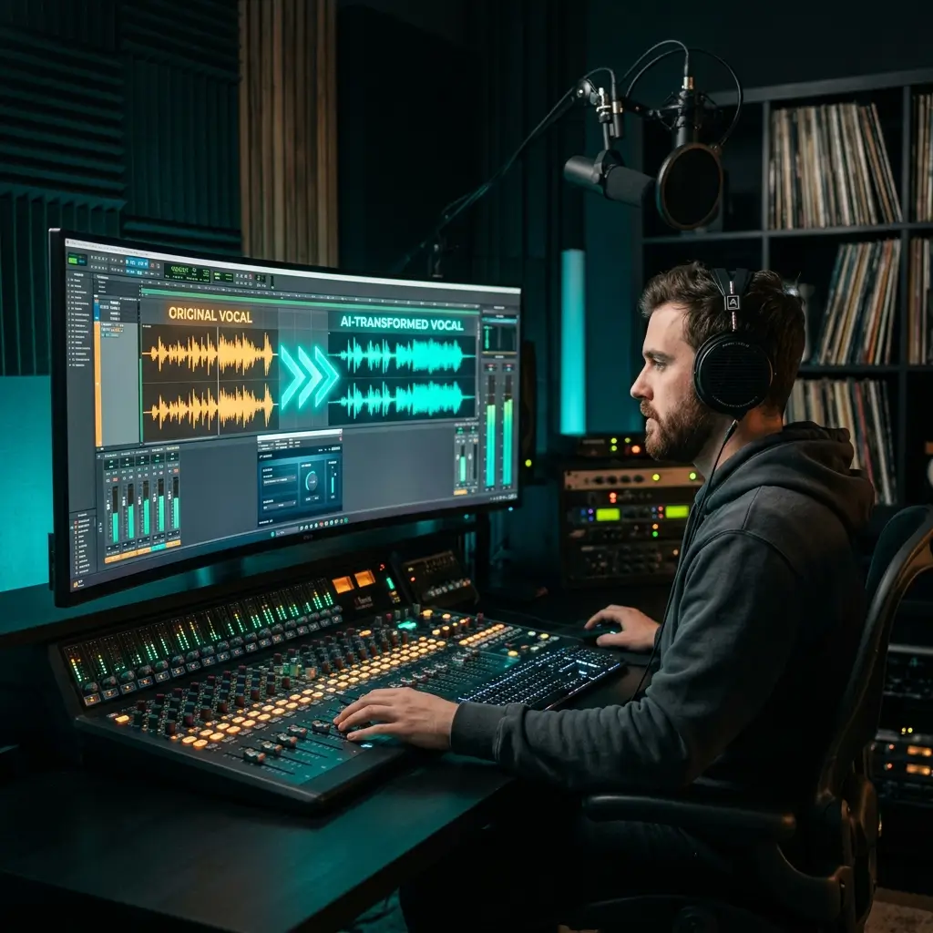 Musikproduzent transformiert einen Gesangstrack mit KI-Voice-Changer für einen KI-Coversong