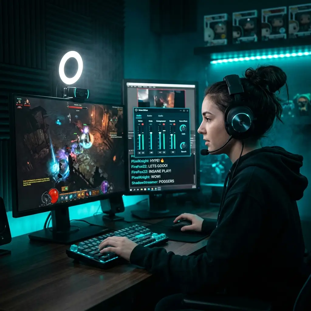 Gamer und Streamer, der den KI-Sprachwechsler während eines Live-Twitch-Streams verwendet