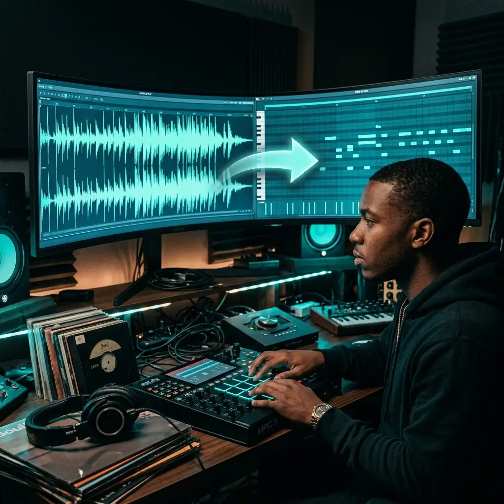 Musikproduzent extrahiert MIDI aus einem Audio-Sample zum Remixen
