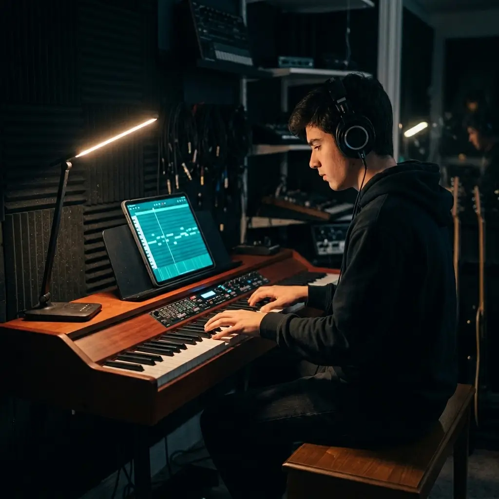 Musikstudent schaut sich MIDI-Noten auf einer Klavierrolle an, um einen Song zu lernen