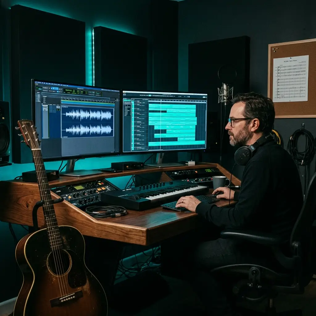 Komponist orchestriert eine Gitarrenaufnahme als Orchester-MIDI neu