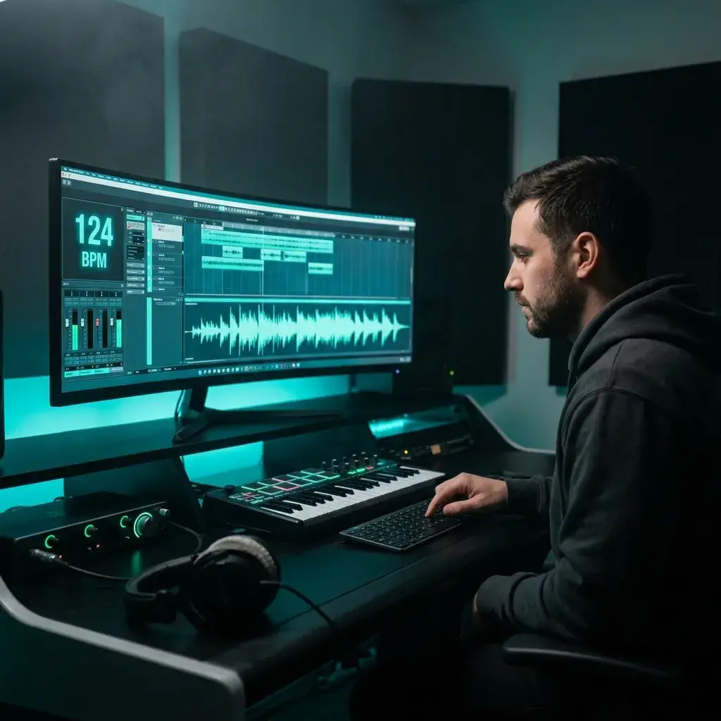 Music producer tapping tempo on a keyboard to match a sample's BPM in a DAW session