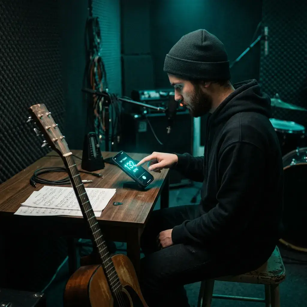 Musician tapping tempo on a phone screen to set a metronome for practice