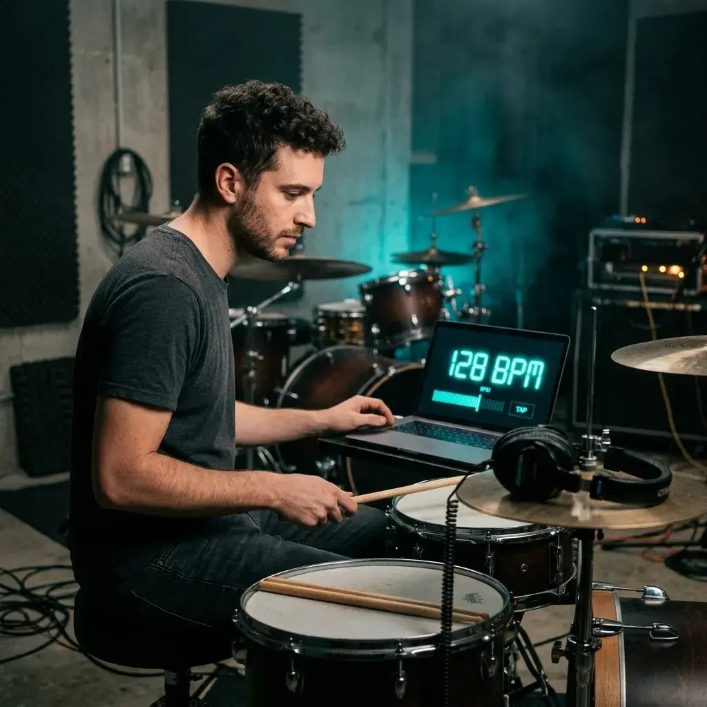 Drummer checking tempo on a laptop BPM tapper during a rehearsal break