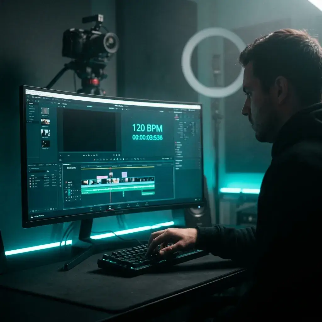 Video editor tapping BPM of a background track to sync video cuts to the beat