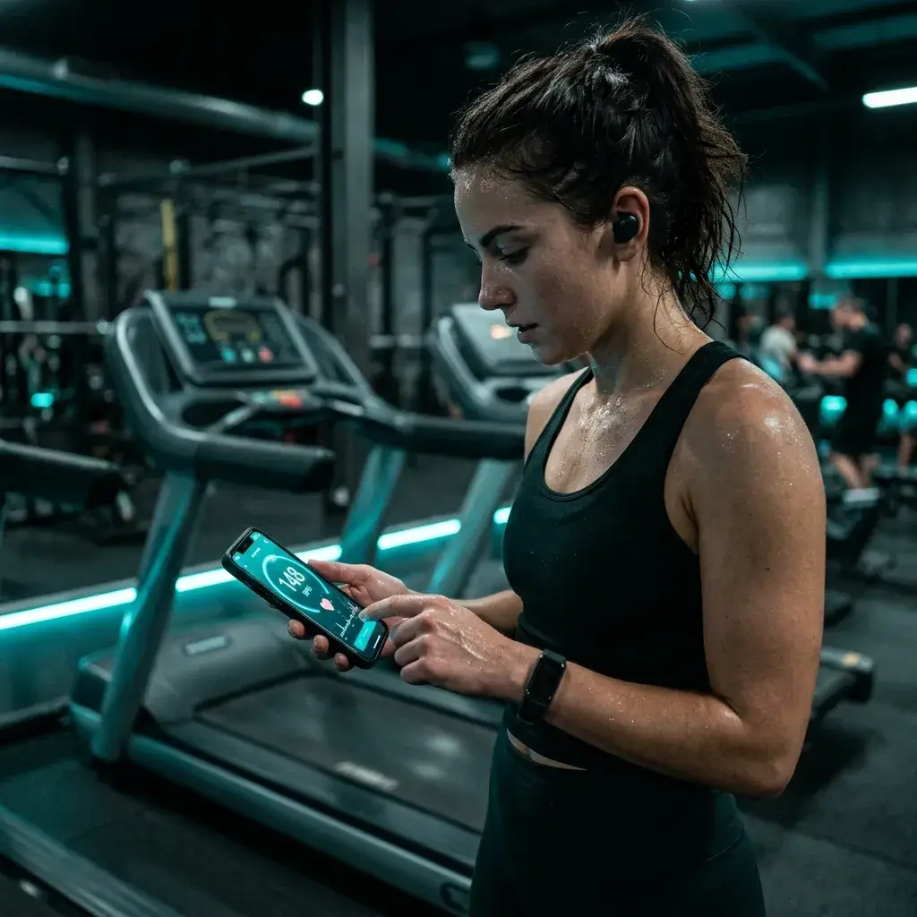 Fitness enthusiast tapping pulse on a phone to measure heart rate BPM