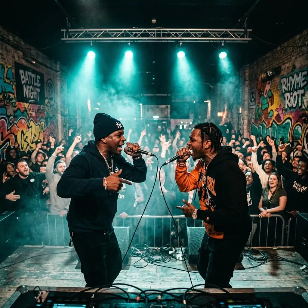Two rappers facing off in a rap battle with teal cyan stage lighting